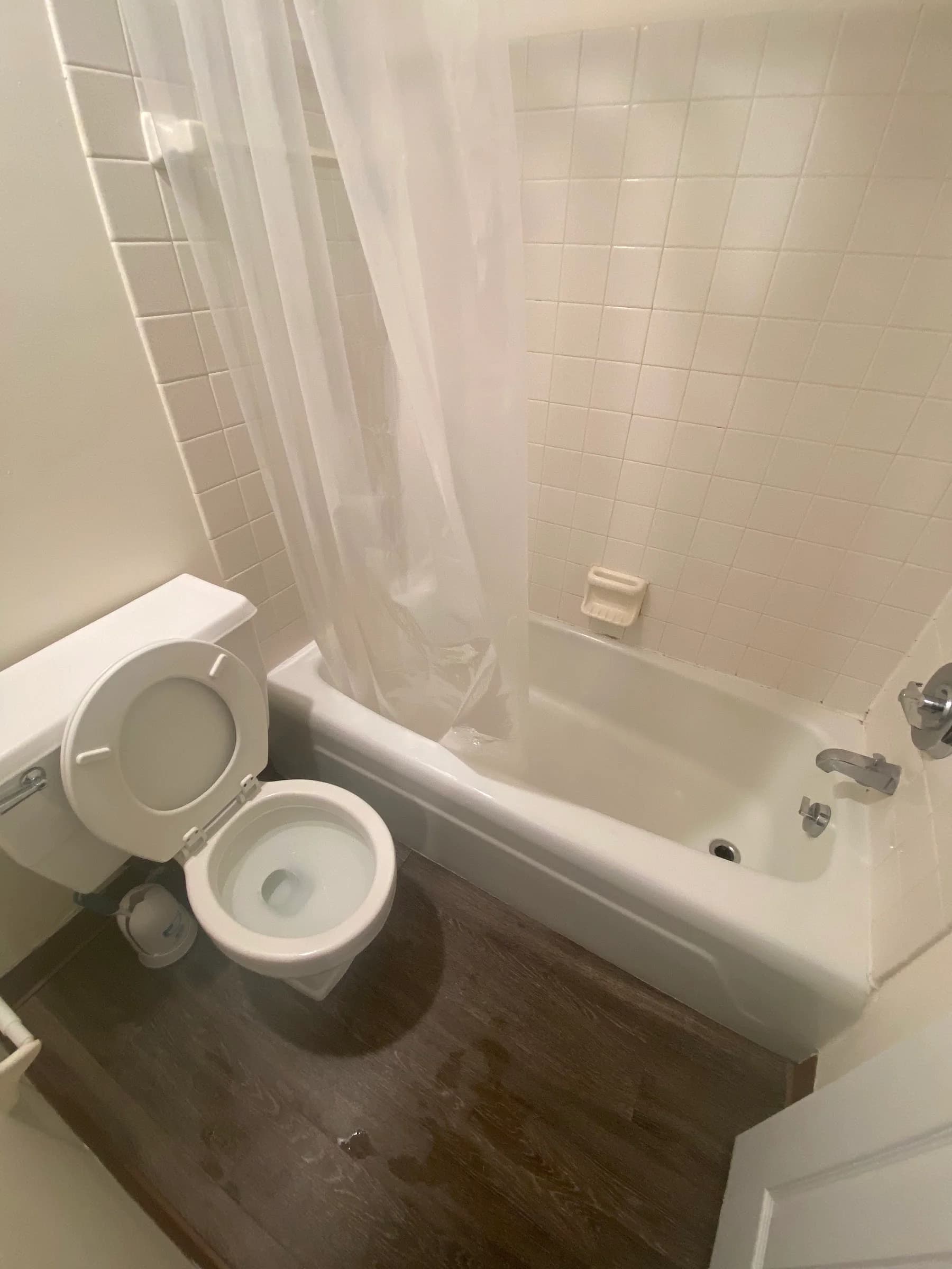 Bathtub and toilet after a SWAT deep clean, every surface white again