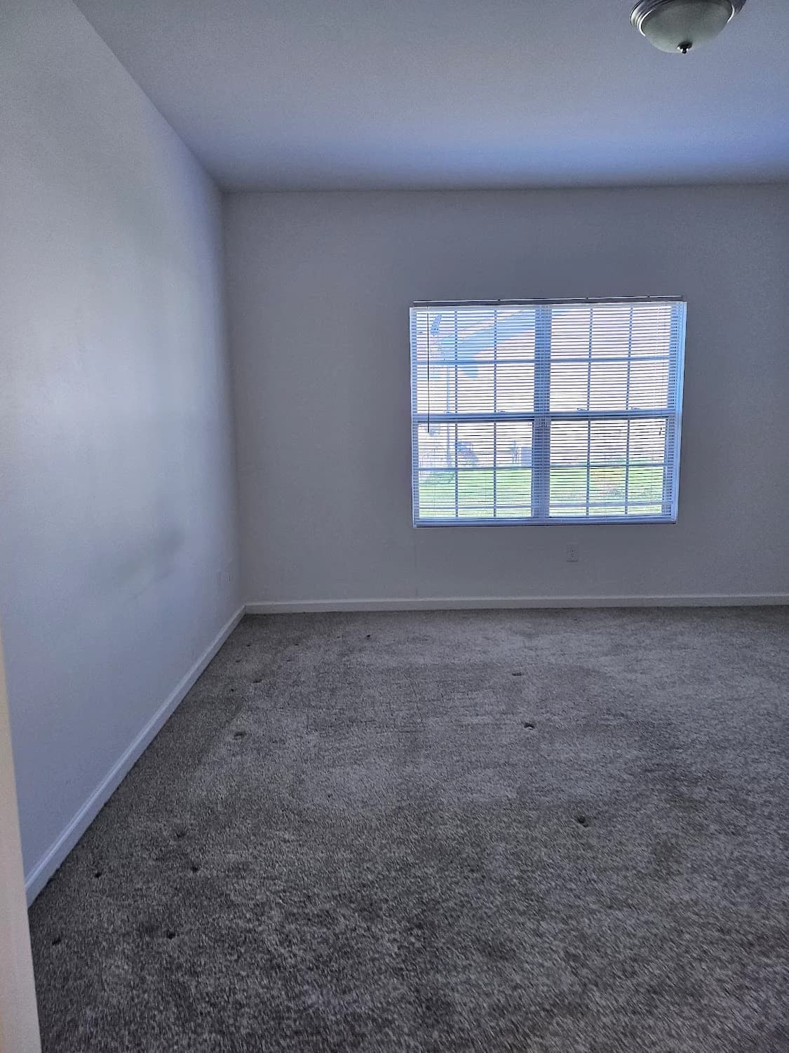 Empty bedroom after a move-out clean, carpet groomed and window sills wiped down