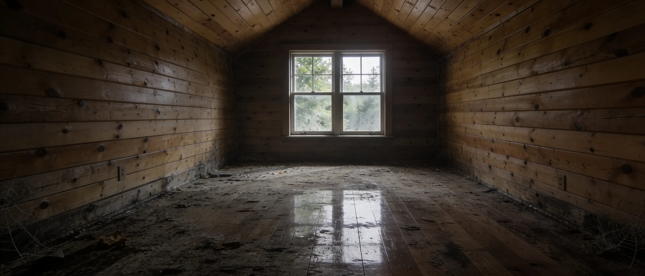 Neglected knotty-pine room, floor buried under dust, debris, and stains
