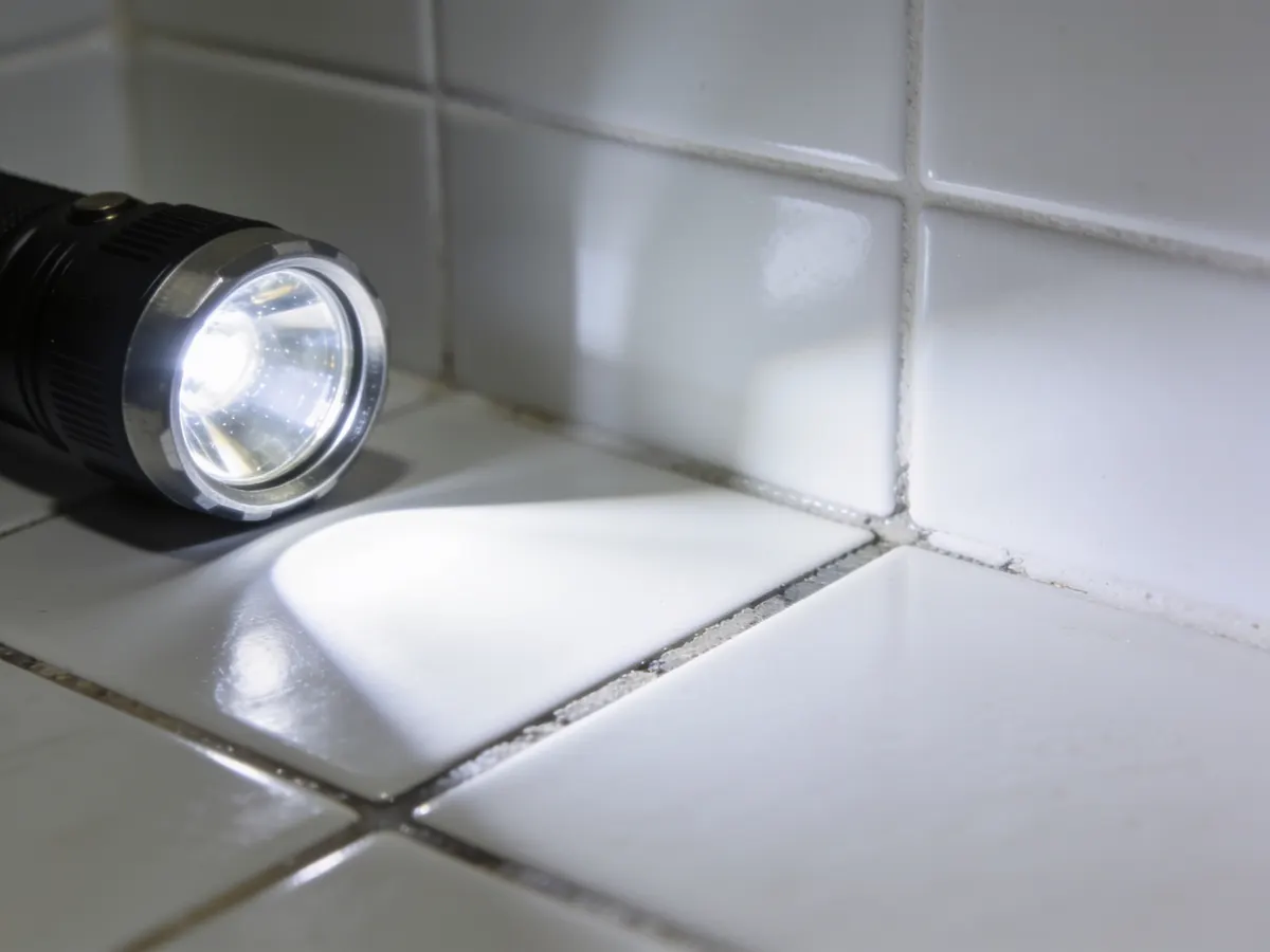Work light raking across bathroom tile during a final grout inspection