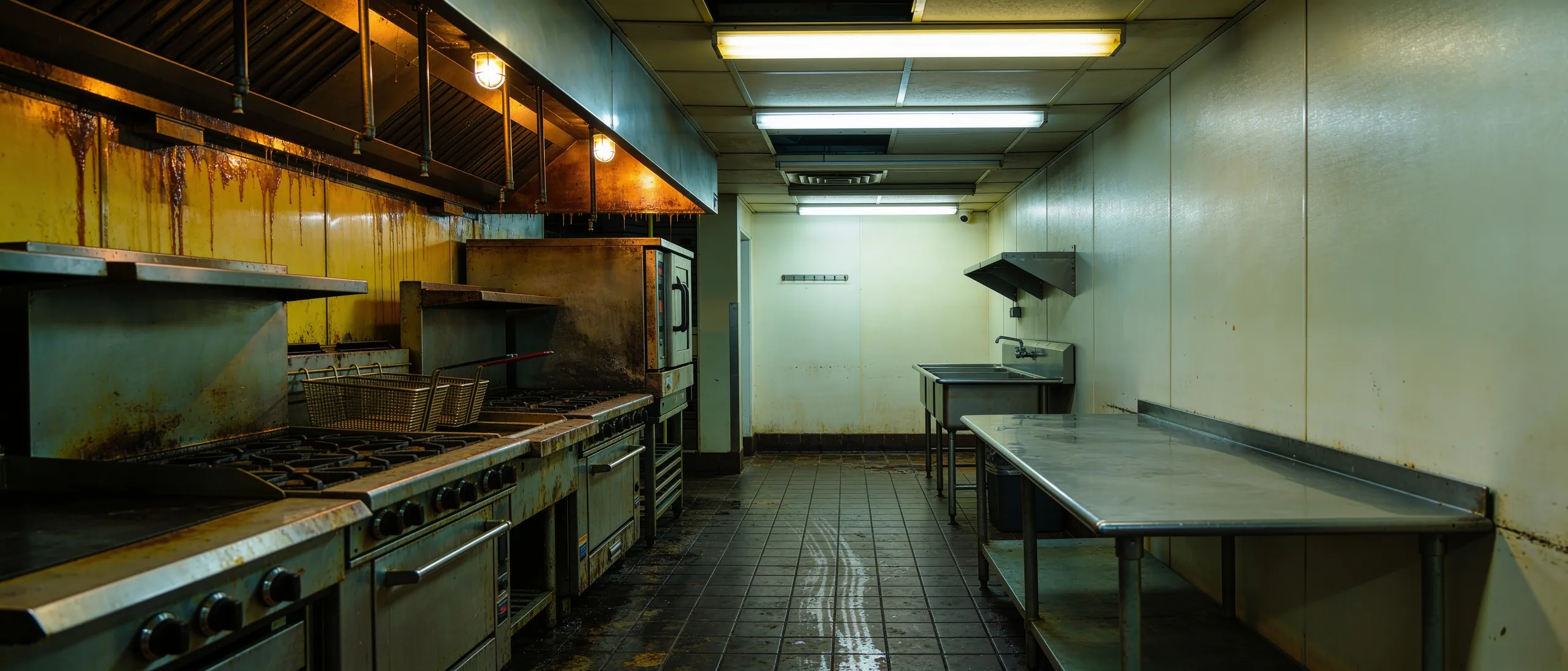 Cook line hoods dulled with amber grease film, walls spattered, floor dark with grime