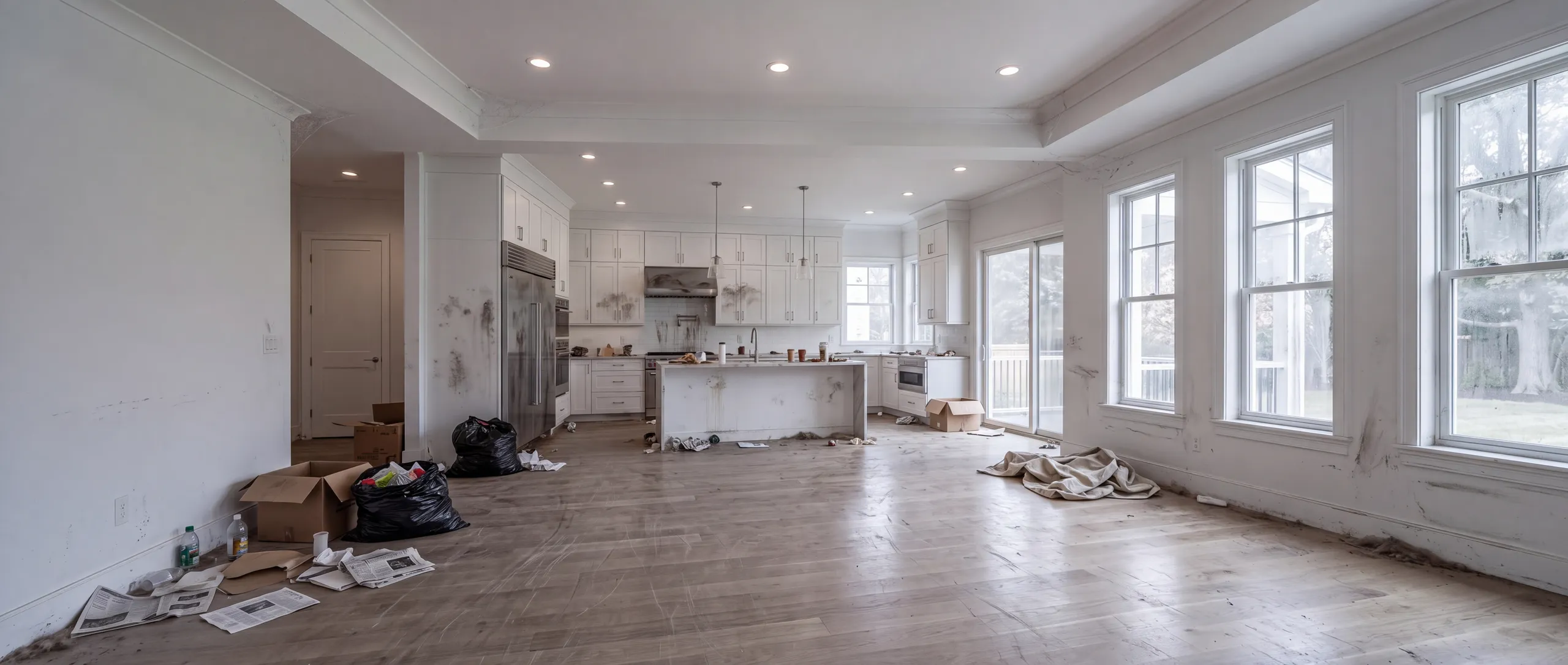 Illustration of a vacant home before cleaning, with dirty floors and scattered debris