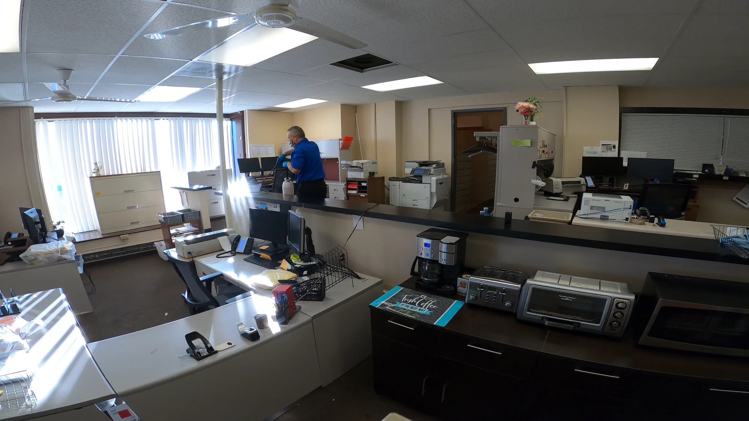 Back office cleaned around live workstations without disturbing a thing